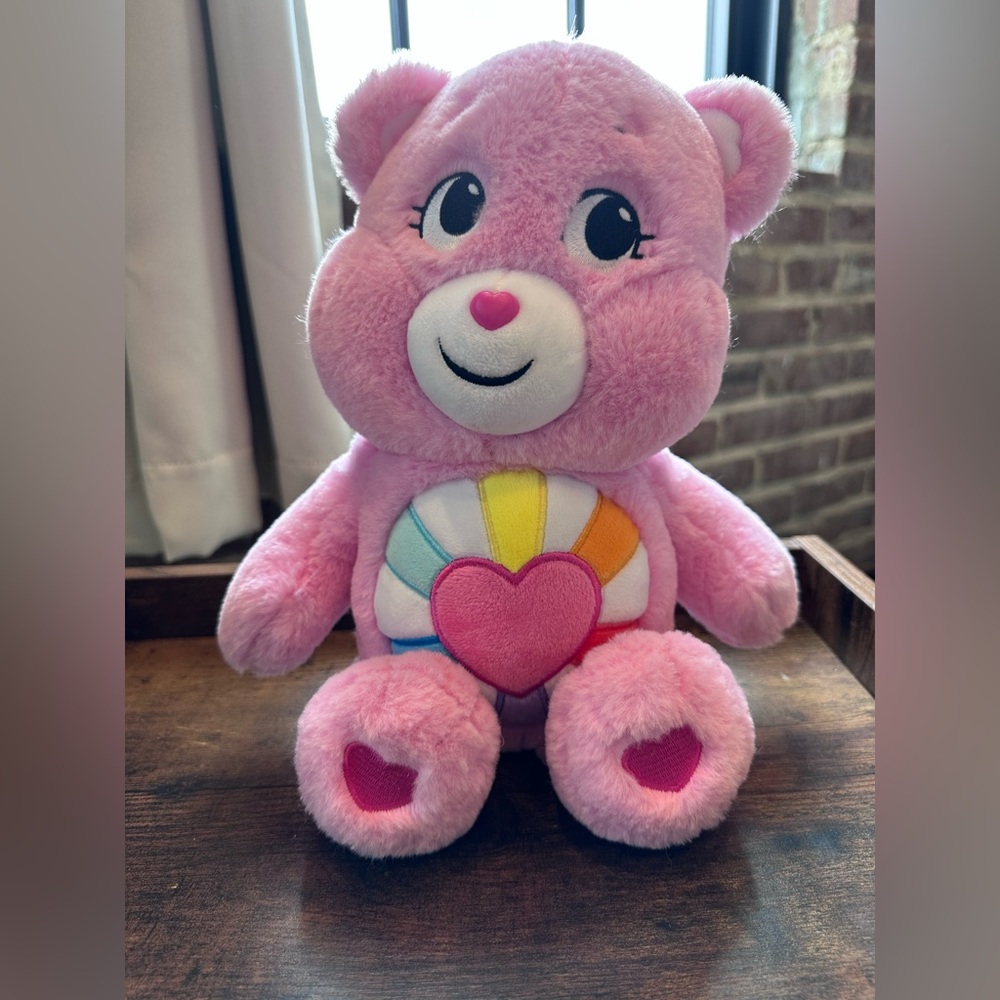 Care Bears Hopeful Heart 12" Plush Rainbow Tummy Pink 2021 Embroidered Side Eyes